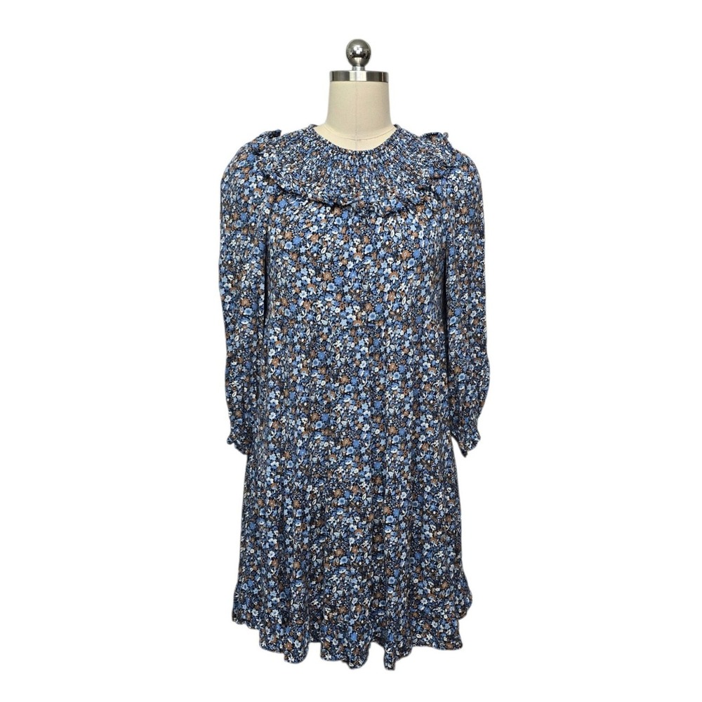 Boden D0348 Blue Floral Smocked Ruffle Neck Tiered Mini Dress US 2R UK 6R